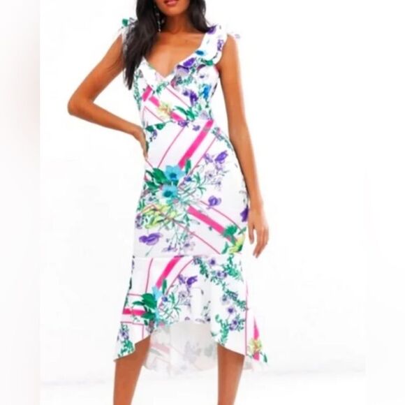 ASOS Floral Scuba Midi Dress Ruffle Mermaid Size 0 - Picture 1 of 8